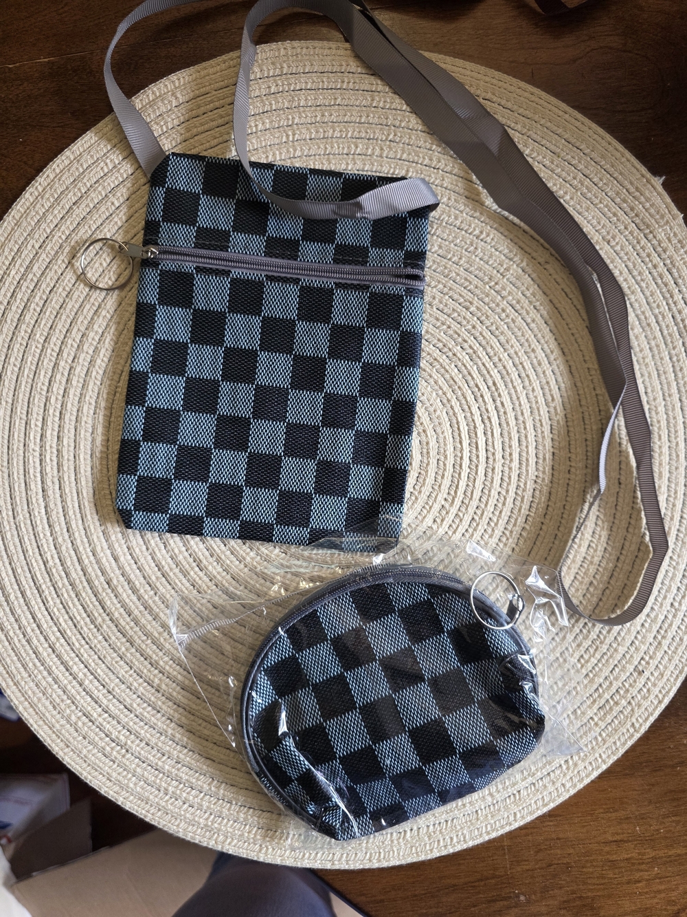 Checkered Crossbody Bag and Coin Purse - Black & Light Blue